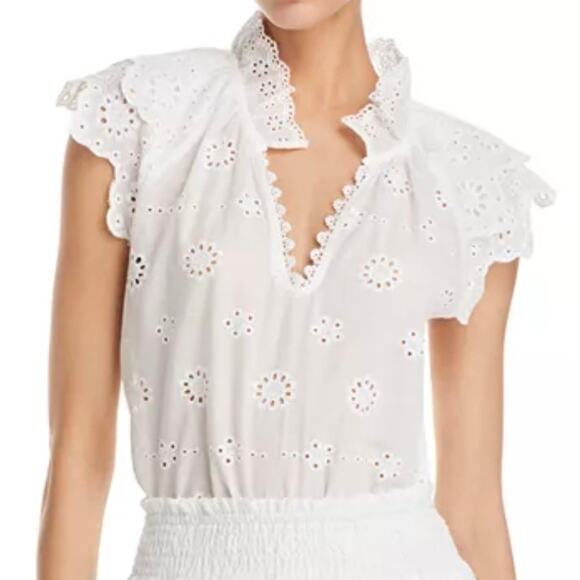 AQUA x BLOOMINGDALE'S | Ruffle Eyelet Collar Flutter Sleeve White Cotton | Large - Picture 1 of 11